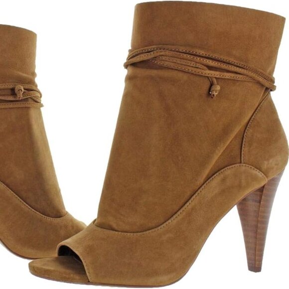 NEW $200 Vince Camuto Avera Peep Toe SUEDE HEEL BROWN BOOTIE TIE 10 (TPO18) - Picture 1 of 7